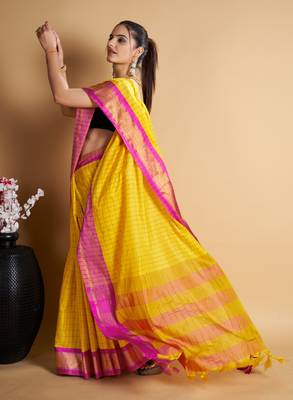 Yellow Woven Mysore Silk Uppada saree With Blouse Piece 3