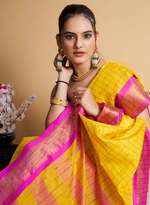 Yellow Woven Mysore Silk Uppada saree With Blouse Piece 4