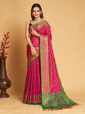 Dark Pink Woven Patola Silk Blend Saree With Blouse Piece 1