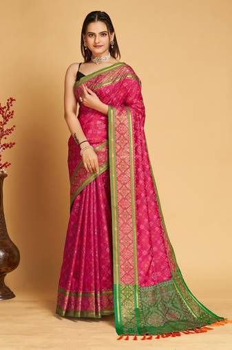 Dark Pink Woven Patola Silk Blend Saree With Blouse Piece