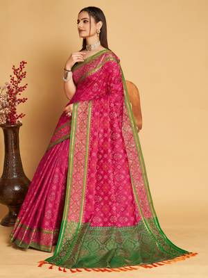 Dark Pink Woven Patola Silk Blend Saree With Blouse Piece 2