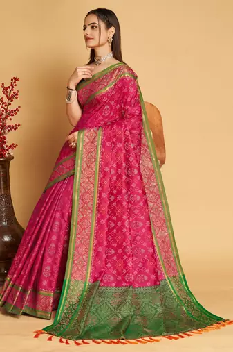 Dark Pink Woven Patola Silk Blend Saree With Blouse Piece