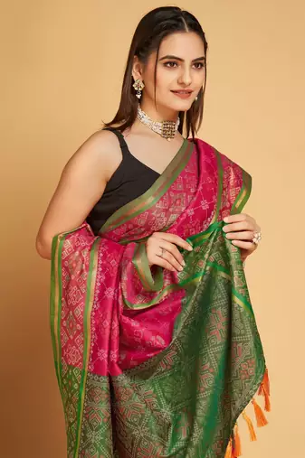 Dark Pink Woven Patola Silk Blend Saree With Blouse Piece