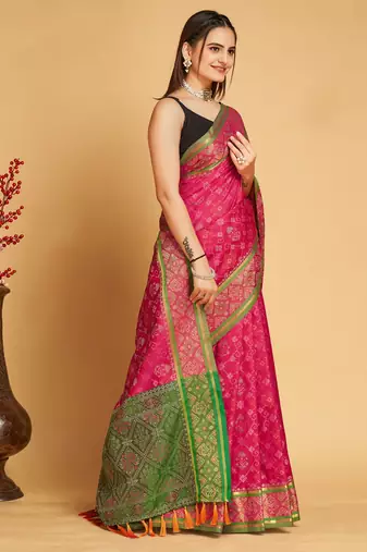 Dark Pink Woven Patola Silk Blend Saree With Blouse Piece