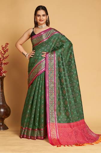 Green Woven Patola Silk Blend Saree With Blouse Piece
