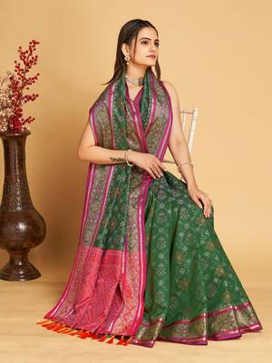 Green Woven Patola Silk Blend Saree With Blouse Piece 2