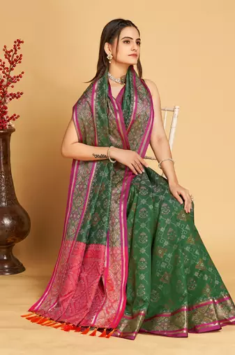 Green Woven Patola Silk Blend Saree With Blouse Piece