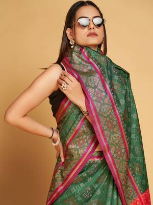 Green Woven Patola Silk Blend Saree With Blouse Piece 4