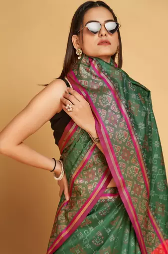Green Woven Patola Silk Blend Saree With Blouse Piece