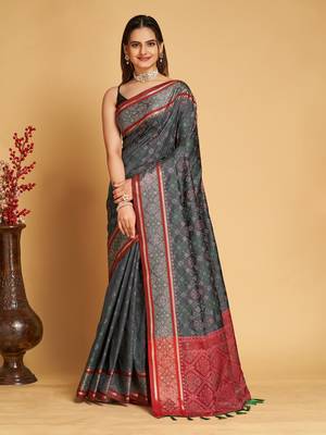 Grey Woven Patola Silk Blend Saree With Blouse Piece 1