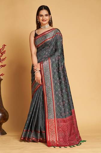 Grey Woven Patola Silk Blend Saree With Blouse Piece