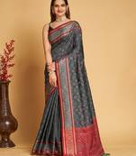 Grey Woven Patola Silk Blend Saree With Blouse Piece