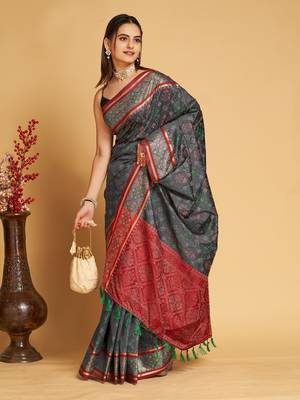 Grey Woven Patola Silk Blend Saree With Blouse Piece 2