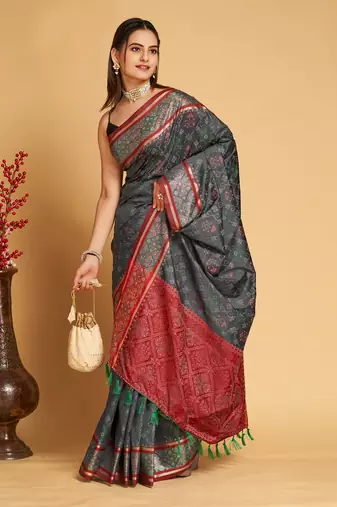 Grey Woven Patola Silk Blend Saree With Blouse Piece