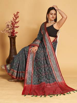 Grey Woven Patola Silk Blend Saree With Blouse Piece 3