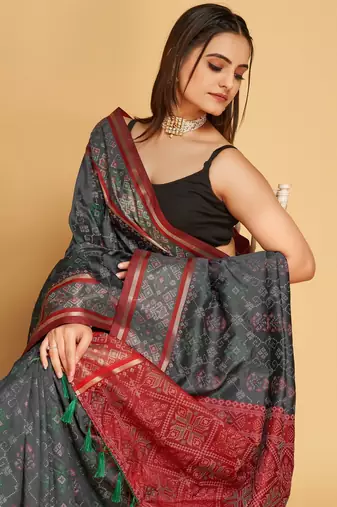 Grey Woven Patola Silk Blend Saree With Blouse Piece