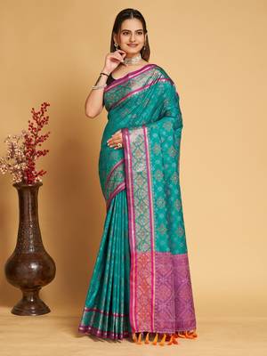 Teal Woven Patola Silk Blend Saree With Blouse Piece 1