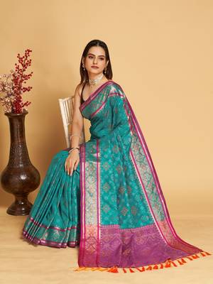 Teal Woven Patola Silk Blend Saree With Blouse Piece 2