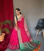 Dark Pink Woven Patola Silk Blend Saree With Blouse Piece
