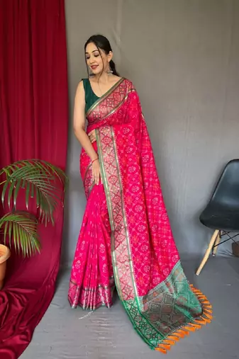 Dark Pink Woven Patola Silk Blend Saree With Blouse Piece