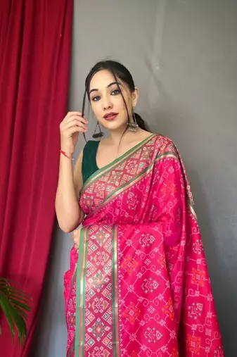 Dark Pink Woven Patola Silk Blend Saree With Blouse Piece