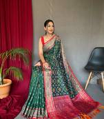 Green Woven Patola Silk Blend Saree With Blouse Piece