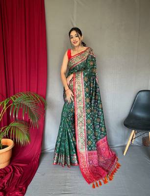 Green Woven Patola Silk Blend Saree With Blouse Piece 2