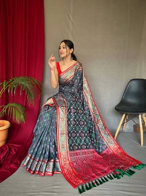 Grey Woven Patola Silk Blend Saree With Blouse Piece 1