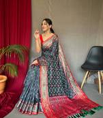 Grey Woven Patola Silk Blend Saree With Blouse Piece