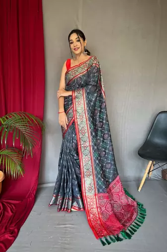 Grey Woven Patola Silk Blend Saree With Blouse Piece