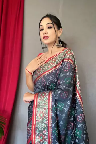 Grey Woven Patola Silk Blend Saree With Blouse Piece