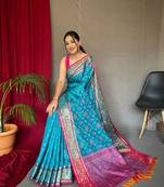 Teal Woven Patola Silk Blend Saree With Blouse Piece