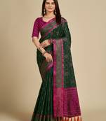 Dark Green Woven Patola Silk Blend Saree With Blouse Piece