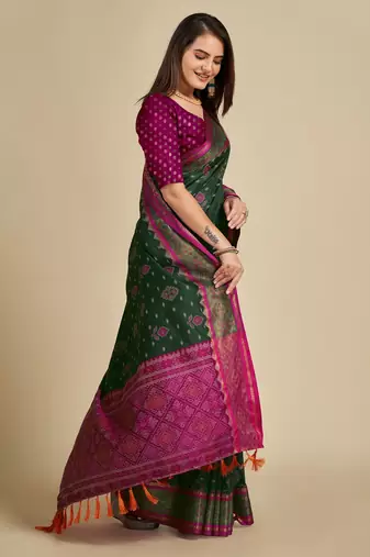 Dark Green Woven Patola Silk Blend Saree With Blouse Piece