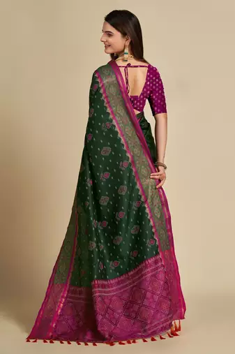 Dark Green Woven Patola Silk Blend Saree With Blouse Piece