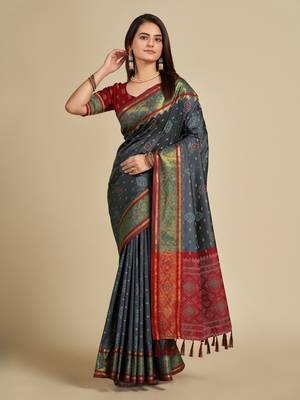 Grey Woven Patola Silk Blend Saree With Blouse Piece 1