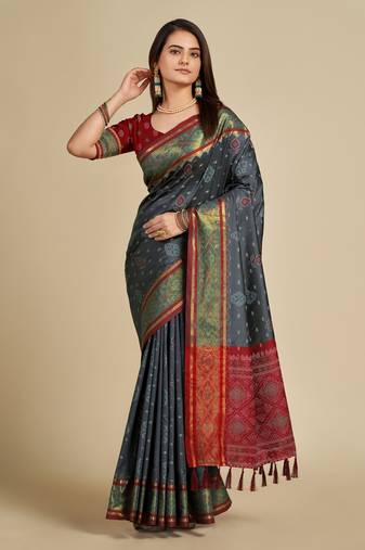 Grey Woven Patola Silk Blend Saree With Blouse Piece