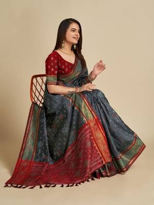 Grey Woven Patola Silk Blend Saree With Blouse Piece 2