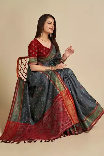 Grey Woven Patola Silk Blend Saree With Blouse Piece