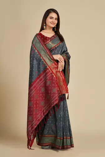 Grey Woven Patola Silk Blend Saree With Blouse Piece