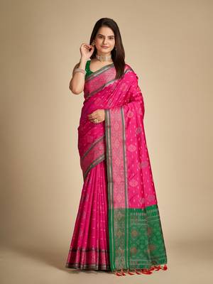 Pink Woven Patola Silk Blend Saree With Blouse Piece 1