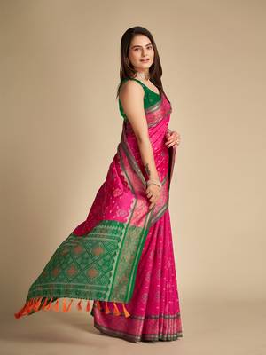 Pink Woven Patola Silk Blend Saree With Blouse Piece 2