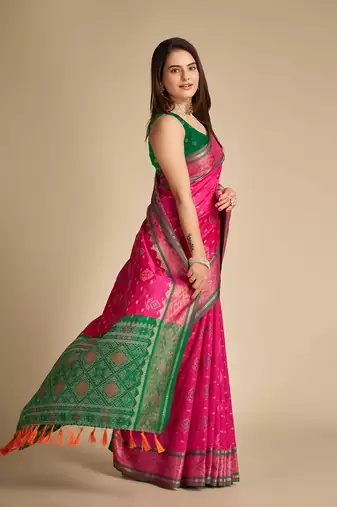 Pink Woven Patola Silk Blend Saree With Blouse Piece