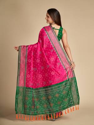 Pink Woven Patola Silk Blend Saree With Blouse Piece 3