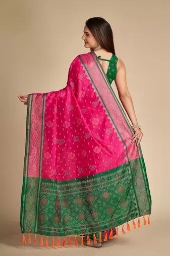 Pink Woven Patola Silk Blend Saree With Blouse Piece