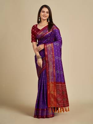 Purple Woven Patola Silk Blend Saree With Blouse Piece 1