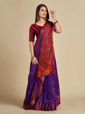 Purple Woven Patola Silk Blend Saree With Blouse Piece 2