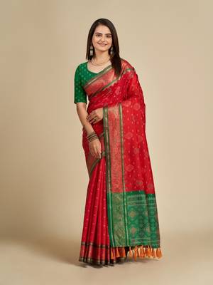 Red Woven Patola Silk Blend Saree With Blouse Piece 1