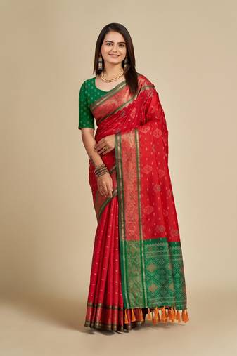 Red Woven Patola Silk Blend Saree With Blouse Piece