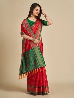 Red Woven Patola Silk Blend Saree With Blouse Piece 2